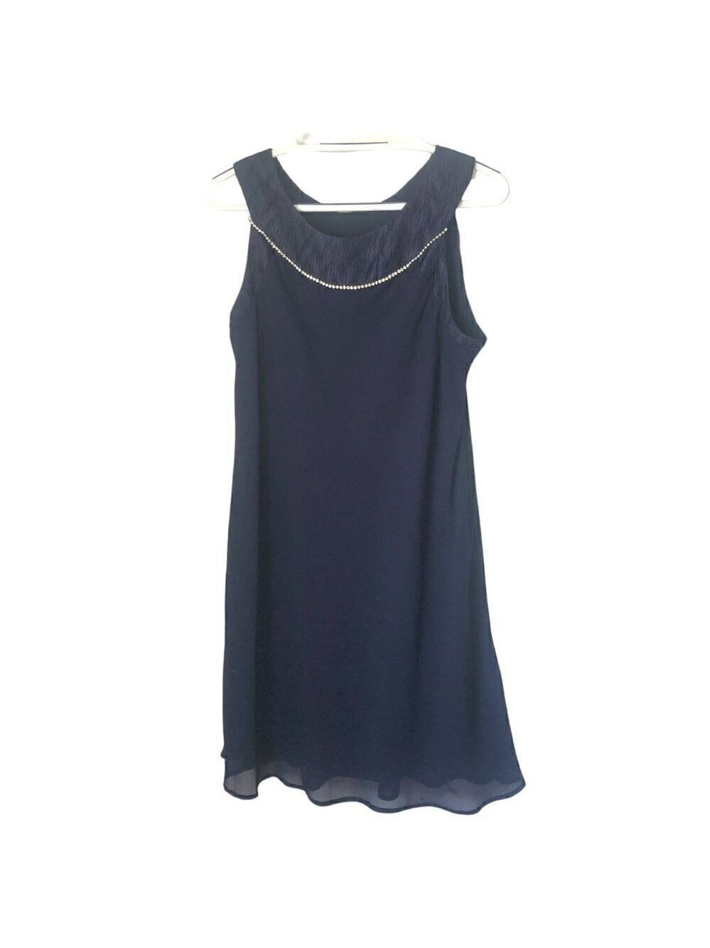 Le Bos Jeweled Neckline Dress Sleeveless Navy Blue Special Occasion Womens Sz 14